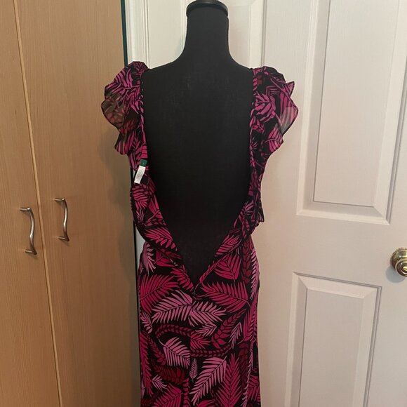 RIXO Antoinette Pink Palm Print Frilly Sleeve 100% Silk Midi Dress (Size S/P) - Picture 7 of 16